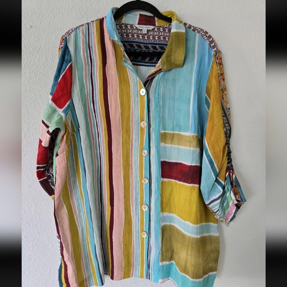 $120 John Mark Shirt Women XL Mixed Print Collared Cinched 3/4 Tie Sleeve Boho - Picture 5 of 14